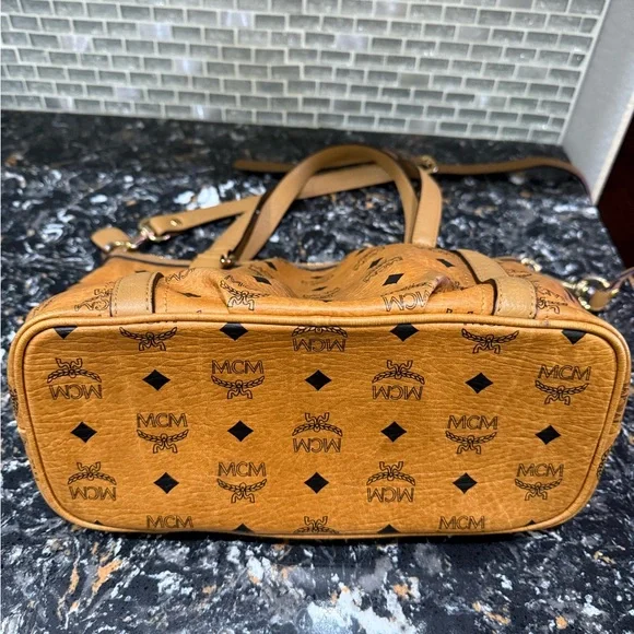 MCM Cognac Visetos Monogram Shoulder Bag with Gold Plaque - Picture 12 of 14